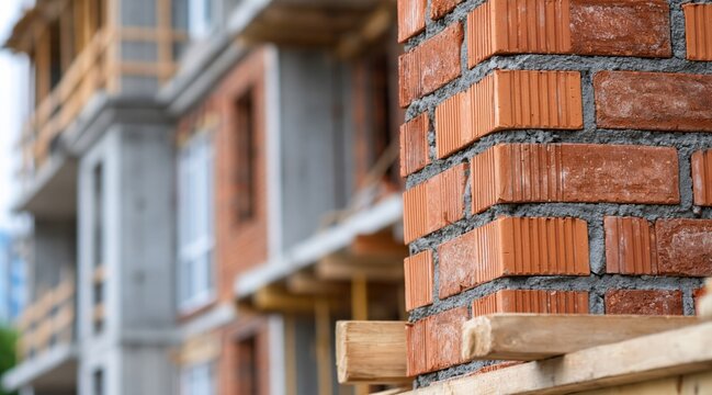 Close up of brick wall corner at construction site