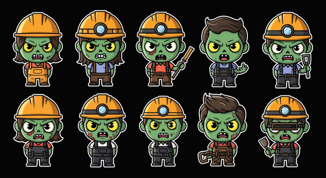 Cute Zombie Miners Cartoon Characters Set