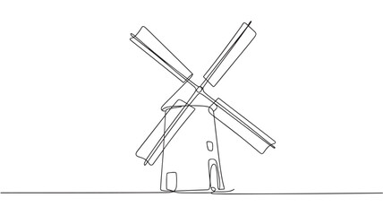 Fototapeta premium Minimalist continuous line drawing of a traditional windmill, simple black line art of a rustic farm mill, elegant one line vector illustration