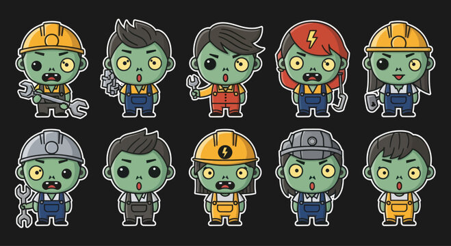 Cute Zombie Workers Cartoon Characters Set