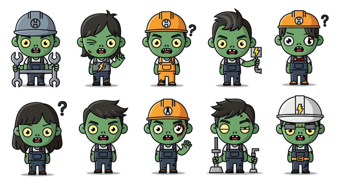 Cute Zombie Workers Cartoon Set: Mechanics, Electricians, Construction