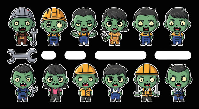 Cute Zombie Workers Collection - Cartoon Style Characters