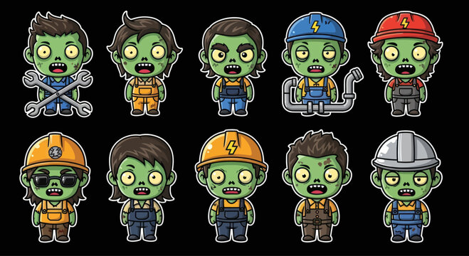 Cute Zombie Workers Collection: Cartoon Characters with Tools and Helmets