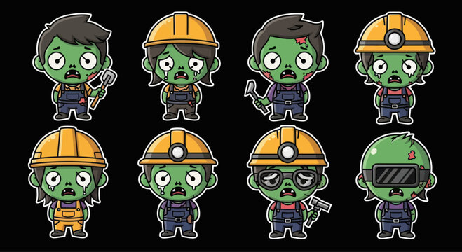 Cute Zombie Workers Collection: Construction, Mining, Tools, Halloween
