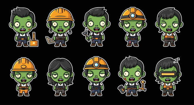 Cute Zombie Workers Collection: Construction, Mining, and Labor Characters