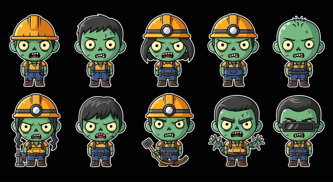 Cute Zombie Workers Collection: Miner, Builder, Gardener, Engineer