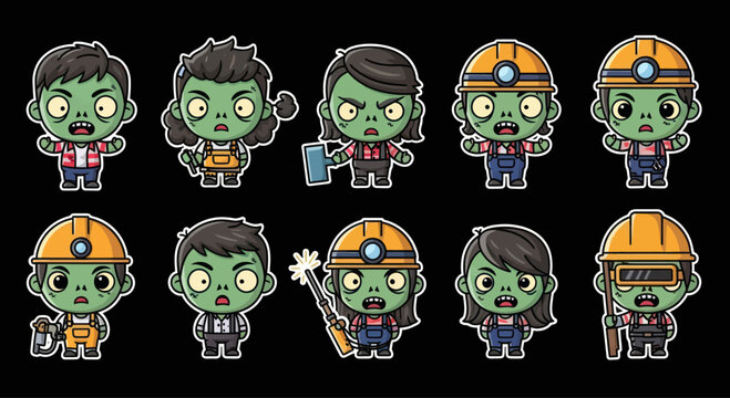 Cute Zombie Workers Collection: Miners, Builders, and More - Cartoon Style
