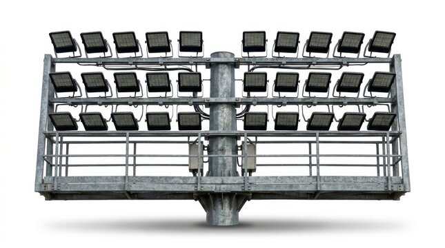 Large metal stadium floodlight tower with multiple led lamps isolated on white background