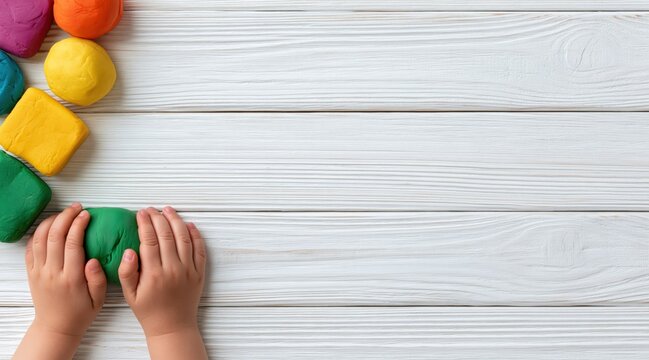 Child hands playing with colorful modeling clay on white wood surface