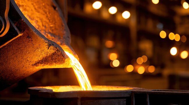 Molten metal pouring from crucible into mold