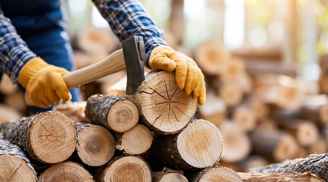Hands in protective gloves holding axe and splitting wooden log on woodpile