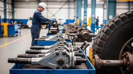 Fototapeta premium Automotive parts laid out in a factory for assembly or repair, with a worker in the background