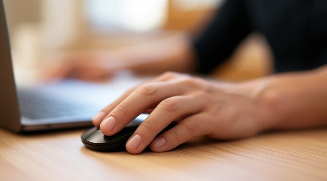 Hand using computer mouse on wooden desk next to laptop