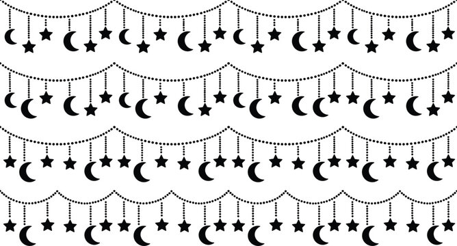 Seamless hanging moon and star vector border pattern featuring decorative celestial garland with festive ornamental styling