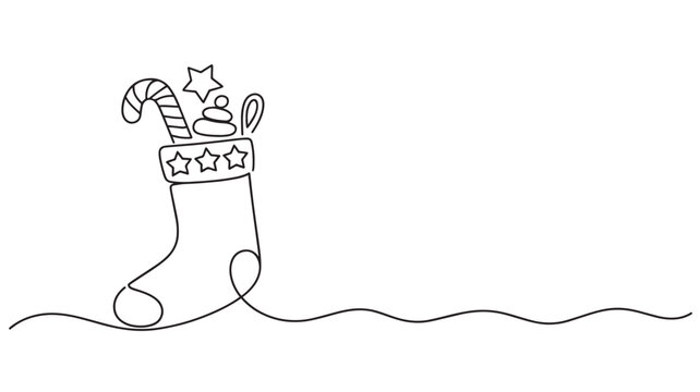 Minimalist Christmas stocking continuous line drawing, festive holiday sock with candy cane and stars, black and white winter celebration vector illustration