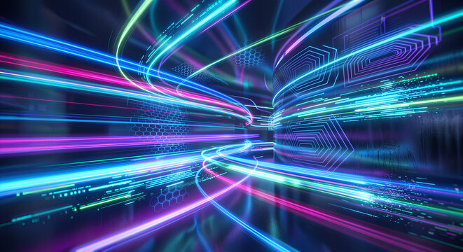 High-Speed Digital Data Transfer In Cyberspace With Neon Light Trails and Abstract Hexagons