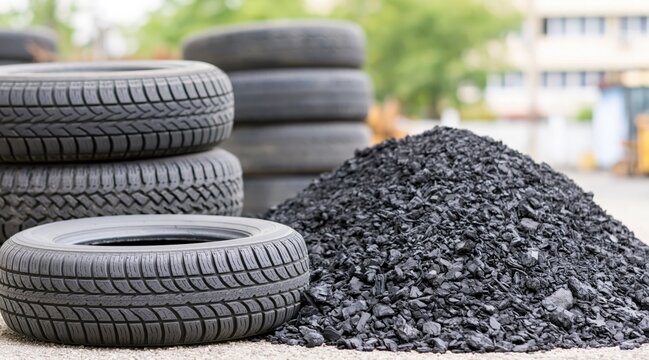 Shredded rubber crumb pile and car tires at recycling plant
