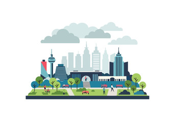 Fototapeta premium Vibrant city skyline with modern skyscrapers and lush park landscape at daytime