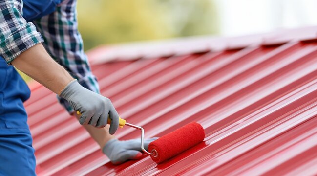 Professional worker painting corrugated red metal roof with paint roller