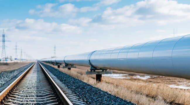 Industrial pipeline running parallel to railway tracks in rural landscape under blue sky