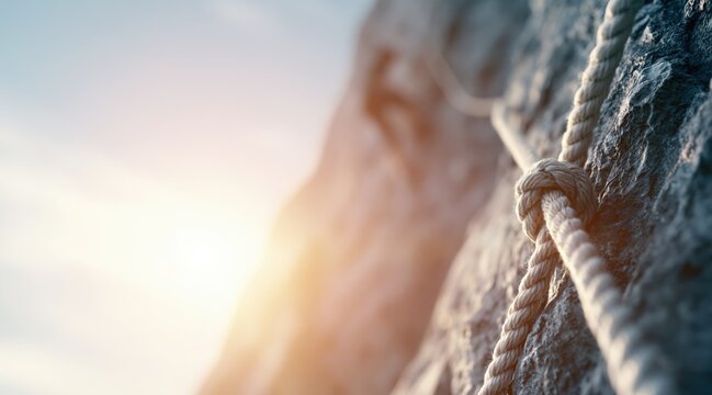 Rope with knot on rocky cliff face at sunset