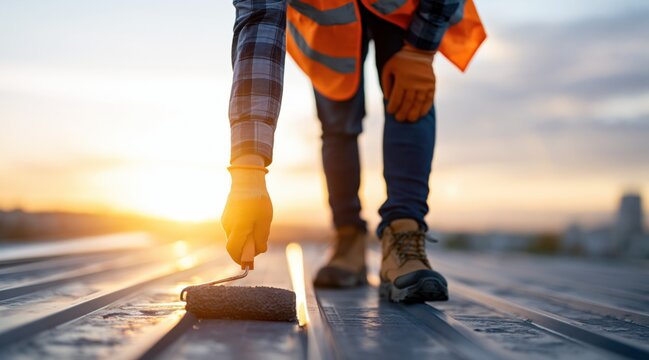 Roofer applying protective coating on metal roof with paint roller at sunset