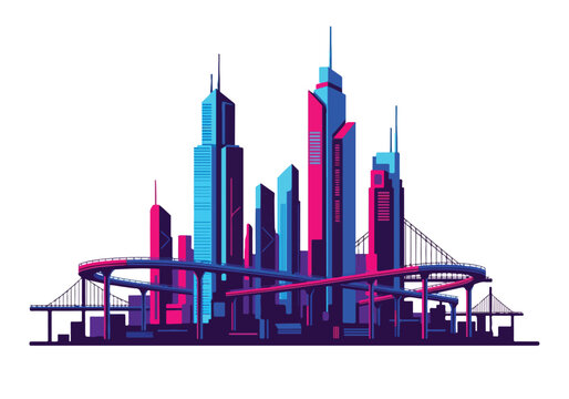 Vibrant futuristic cityscape with sleek skyscrapers and modern bridge at dusk