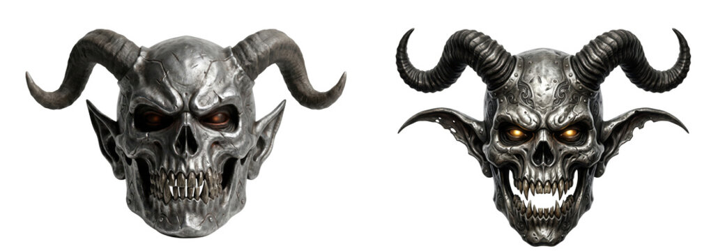 Set of two detailed metallic demon skull masks with horns and glowing eyes isolated on transparent background