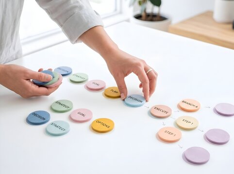 Close Up of Hand Organizing Colorful Round Wooden Mental Health Tokens on White Table
