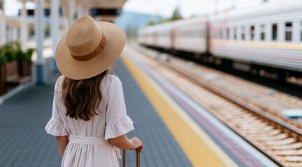 Fototapeta premium Woman in straw hat and striped dress with suitcase standing at railway station platform
