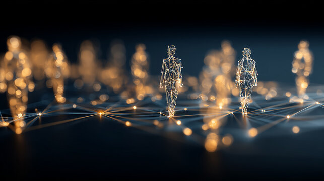 Digital human figures connected across a network, representing social communication, workforce collaboration, online community, and organizational connectivity.
