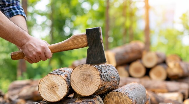 Man hands holding axe chopping wood logs in sunny forest