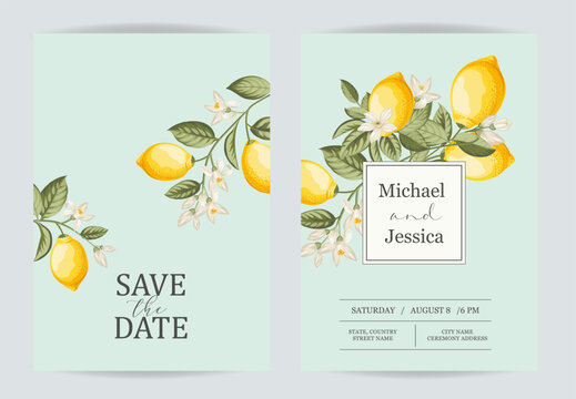 Wedding invitation. Save the date greeting card. Citrus illustration