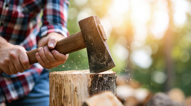 Man splitting wood log with axe outdoors