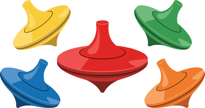 Colorful spinning top toy collection, set of five plastic whirligig vectors, vibrant primary color humming tops for childhood and play concepts