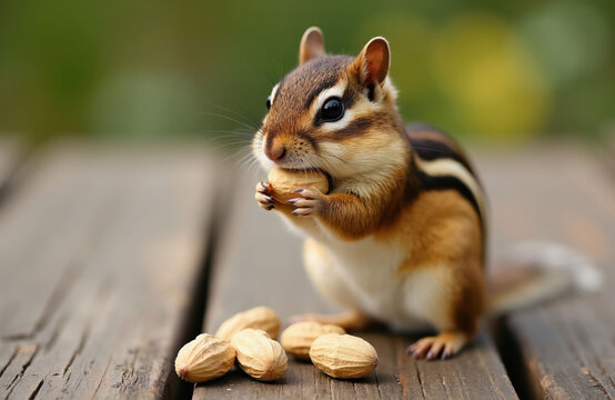Cute chipmunk sits on wooden surface holding peanut in paws, cheeks stuffed full. Small animal gathers nuts for winter food store, preparing for cold season. Adorable wild mammal eats snack.