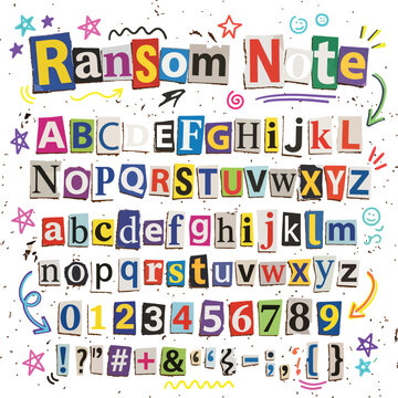 Colorful Ransom Note Alphabet Letters and Numbers on Confetti Background