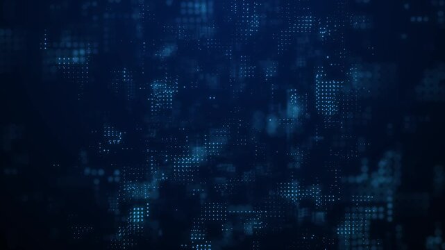 Abstract blue digital pixel pattern on dark background, futuristic data technology texture with glowing dots and matrix effect.