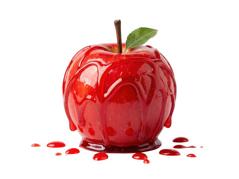 Fresh red apple covered in sweet glossy syrup isolated on transparent background