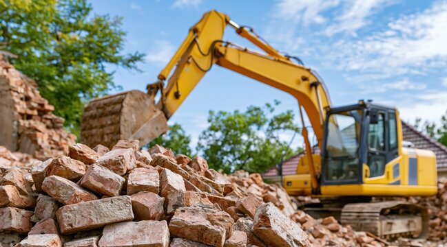Yellow excavator at construction site clearing pile of bricks
