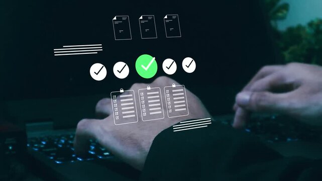 Business professional using laptop with digital approval checklist, green checkmark, document review icons, compliance workflow, task validation, quality control, productivity management interface.