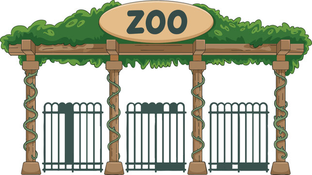 Cartoon zoo entrance gate with wooden pillars and green vines, safari park portal with ZOO sign, botanical garden archway vector illustration