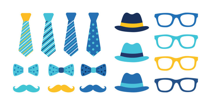 Set of colorful mens accessories including ties, bow ties, fedora hats, eyeglasses, and mustaches