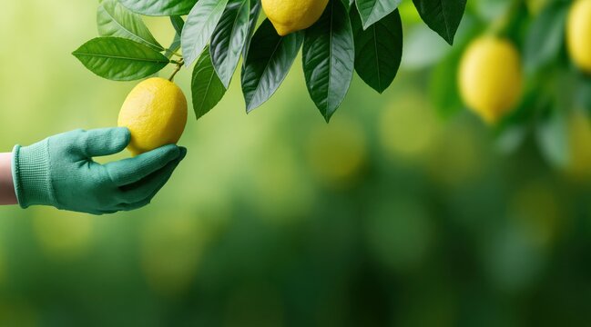 Hand in green glove picking yellow lemon from tree branch