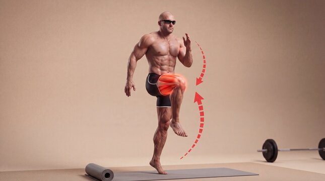 Muscular man performing high knees exercise with anatomical muscle highlight on quads, exercise