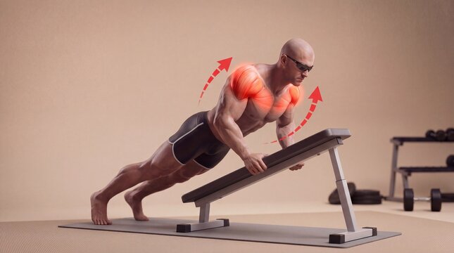 Muscular man doing incline pushups on weight bench with anatomical highlights on chest and shoulders