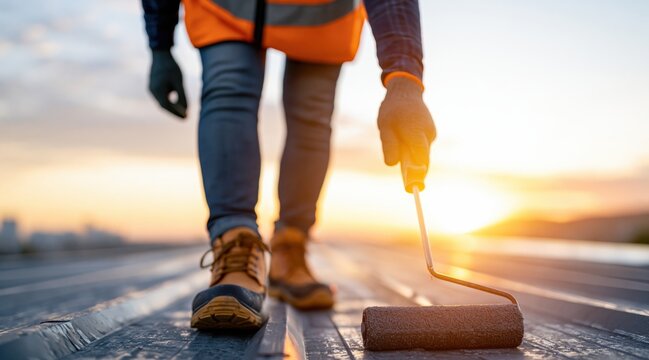 construction worker painting metal roof with roller at sunset