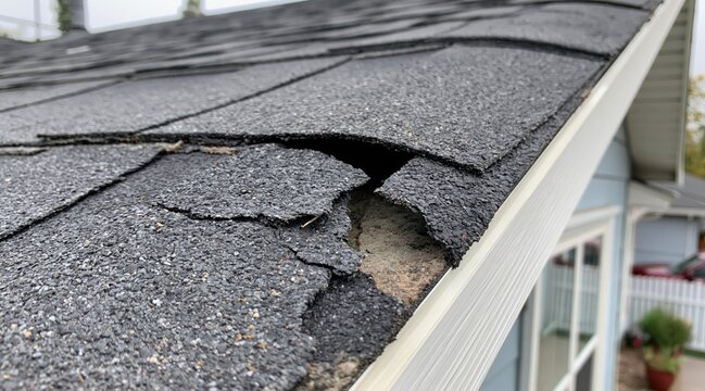 Broken and peeling asphalt shingles on residential roof edge