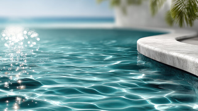 Swimming pool edge and sparkling turquoise water reflecting bright sunlight, creating a tranquil summer atmosphere at a luxurious resort with a blurred ocean background
