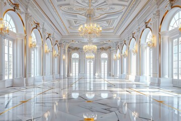 Fototapeta premium A grand, opulent ballroom with gleaming marble floors, intricate gold detailing, and majestic chandeliers, bathed in bright, natural light.